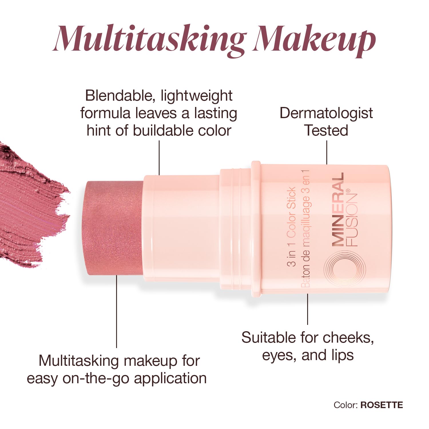 Mineral Fusion 3-in-1 Color Stick, Instant Color Pop, Creamy Multi-Use Blush Stick for Cheek, Lip & Eye, Hydrating, Organic Natural Makeup, Rosette