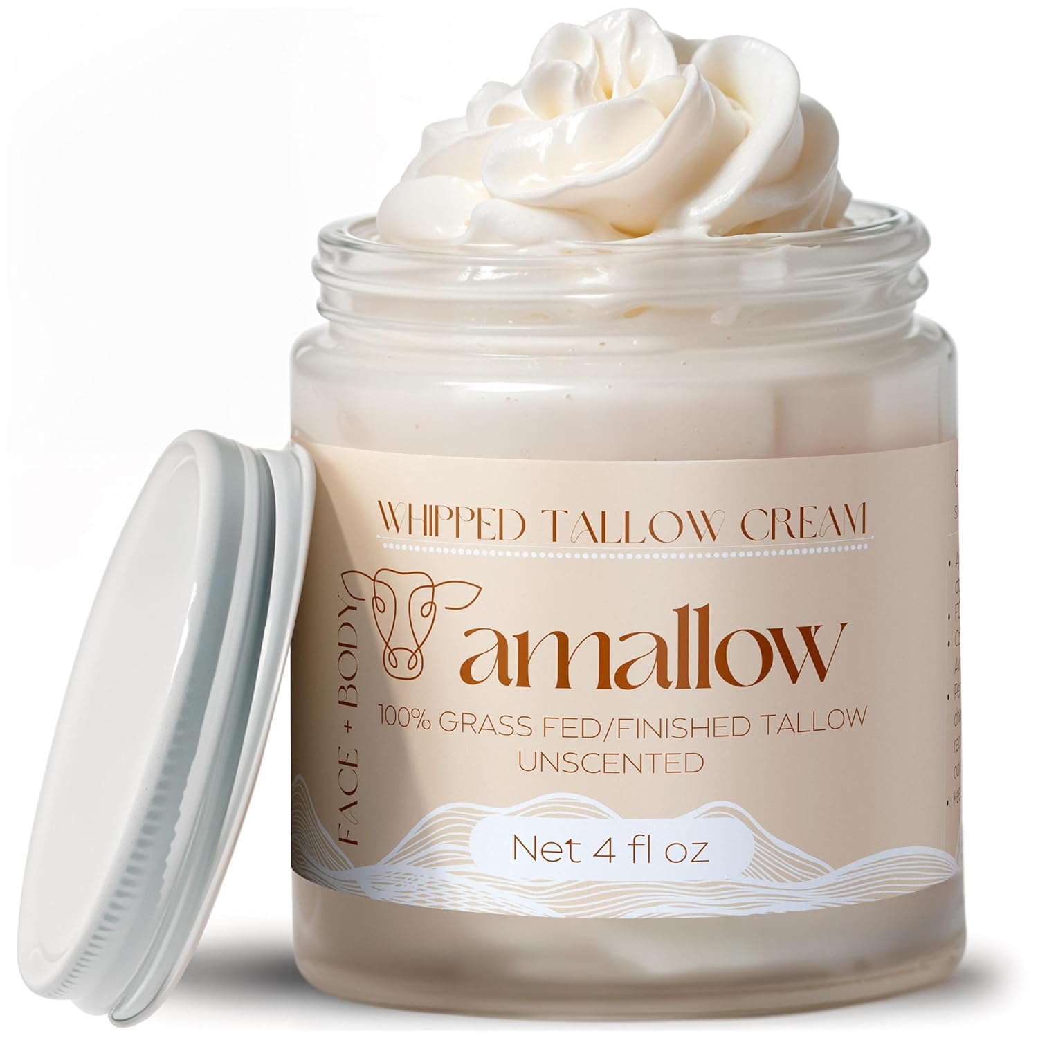 100% Grass Fed Beef Tallow for Skin Care - Face + Body - Whipped Moisturizer - Natural Lotion, 4 FL. oz. (Vanilla Lavender)
