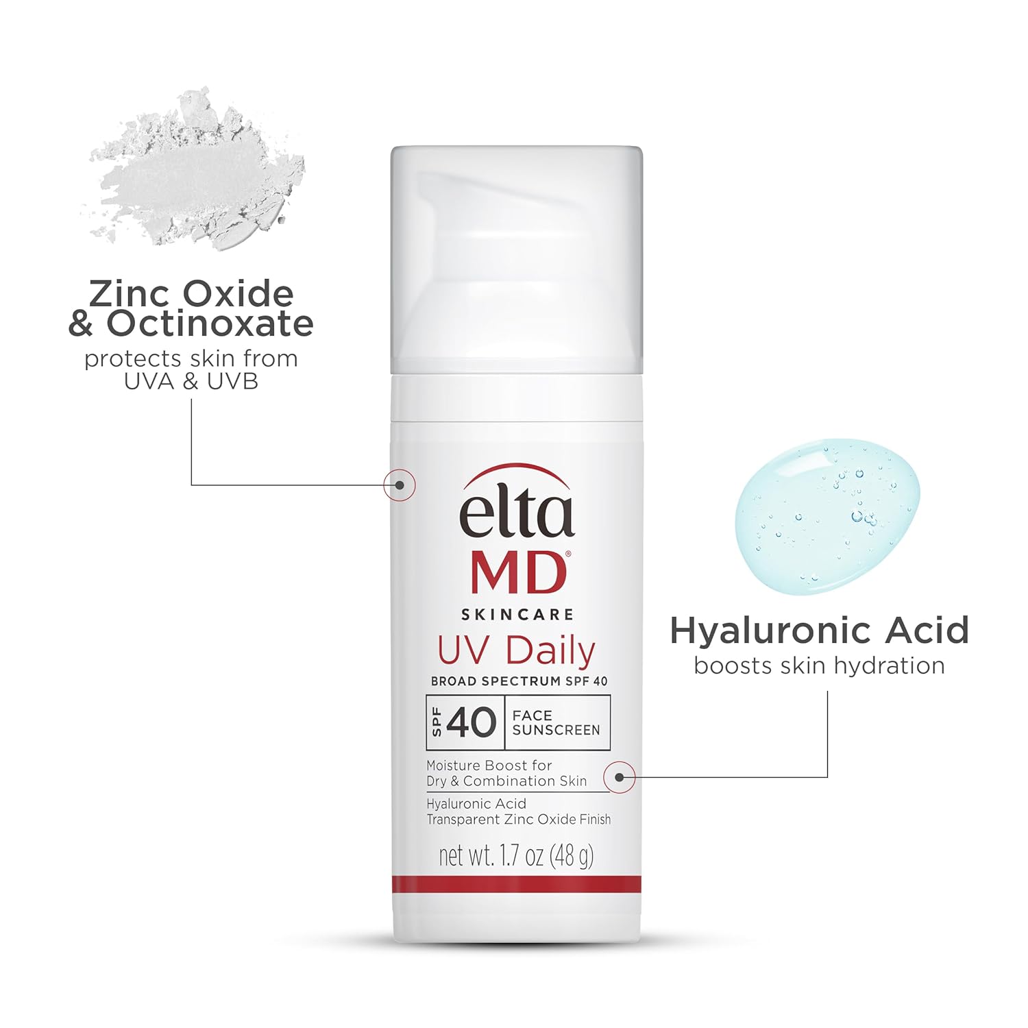 EltaMD UV Daily SPF 40 Face Sunscreen Moisturizer with Zinc Oxide, Daily Face Moisturizer with SPF, Sunscreen, 1.7 oz Pump