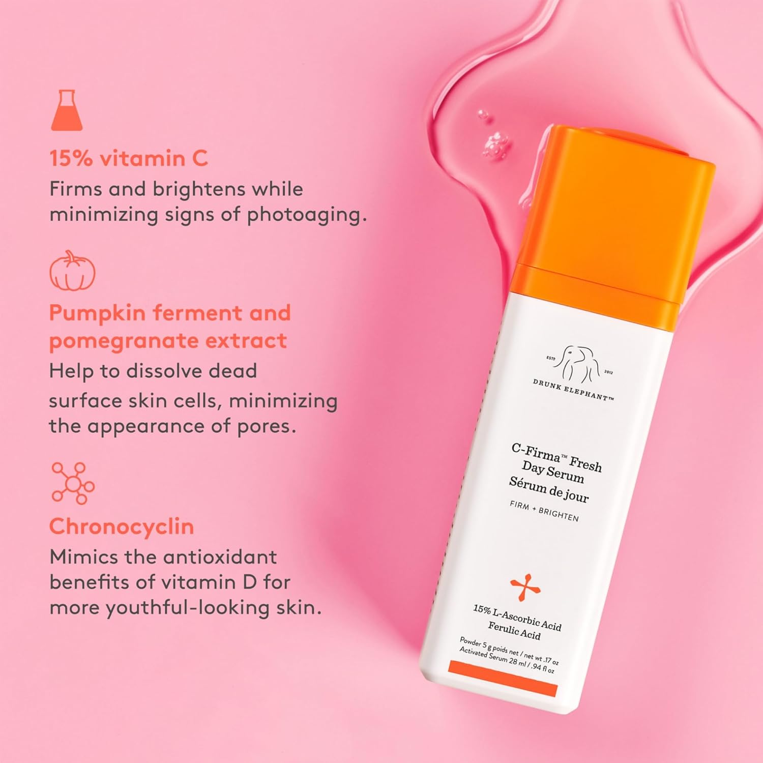 Drunk Elephant C-Firma Fresh Day Serum - 28 ml/.94 fl oz - 15% Illuminating Vitamin C - Clean Clinical Skincare - Cruelty-Free - Dermatologist-Tested - Free of Essential Oils, Silicones, and Fragrance