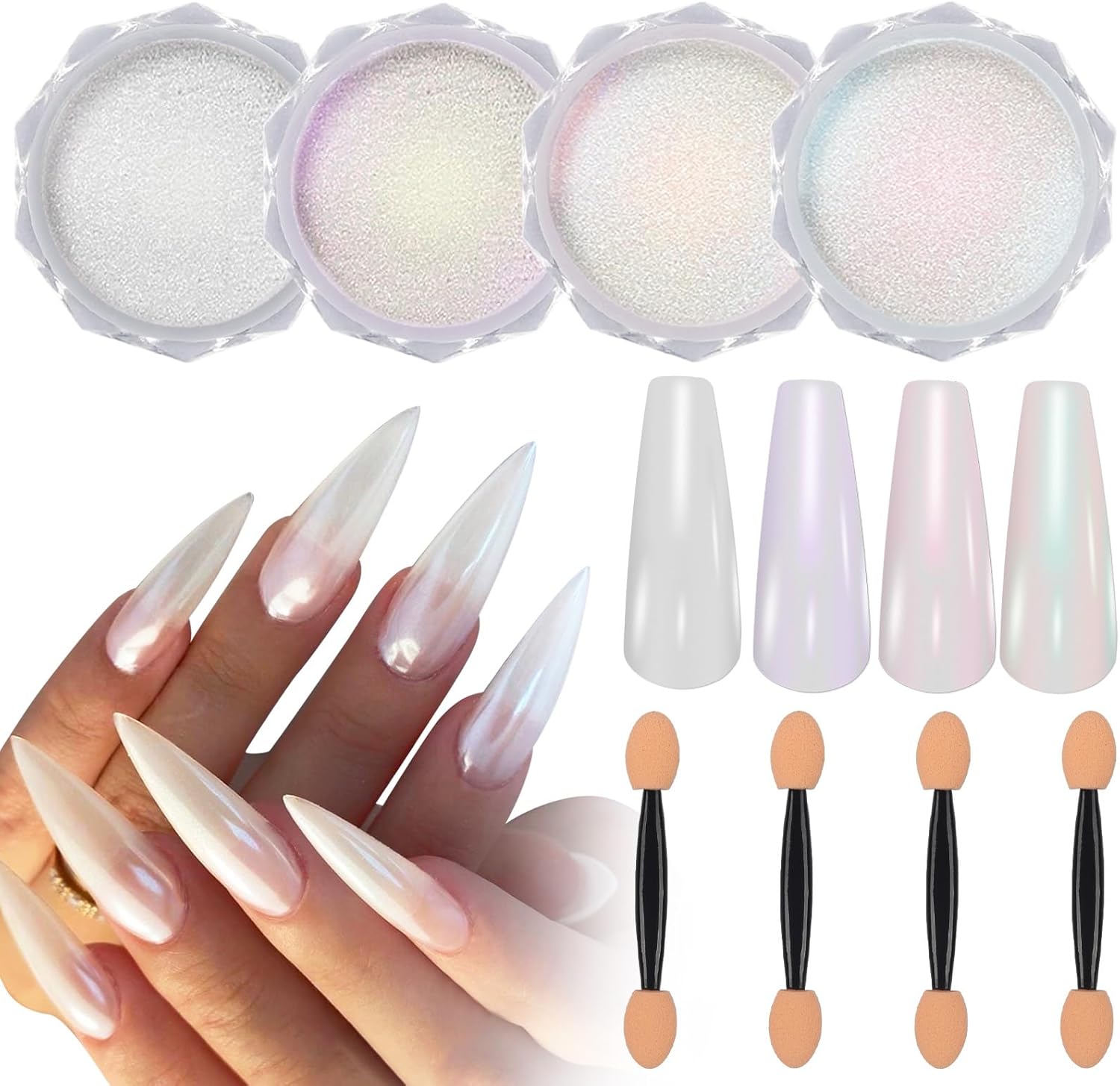 Artdone White Pearl Chrome Nail Powder,Iridescent Aurora Powder Metallic Mirror Effect Pigment Pearlescent Mermaid Pigment Pearl Glitter Dust Kit,Nail Art Decoration, Resin Craft