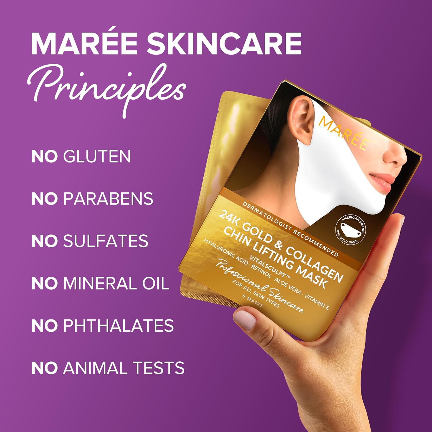 MAREE V Line Lifting Mask with 24K Gold - Deep Collagen Jawline Shaper Mask with Retinol for Face Lift - Facial Skincare Chin Strap - Hyaluronic Acid, Vitamin E - 5 PACK