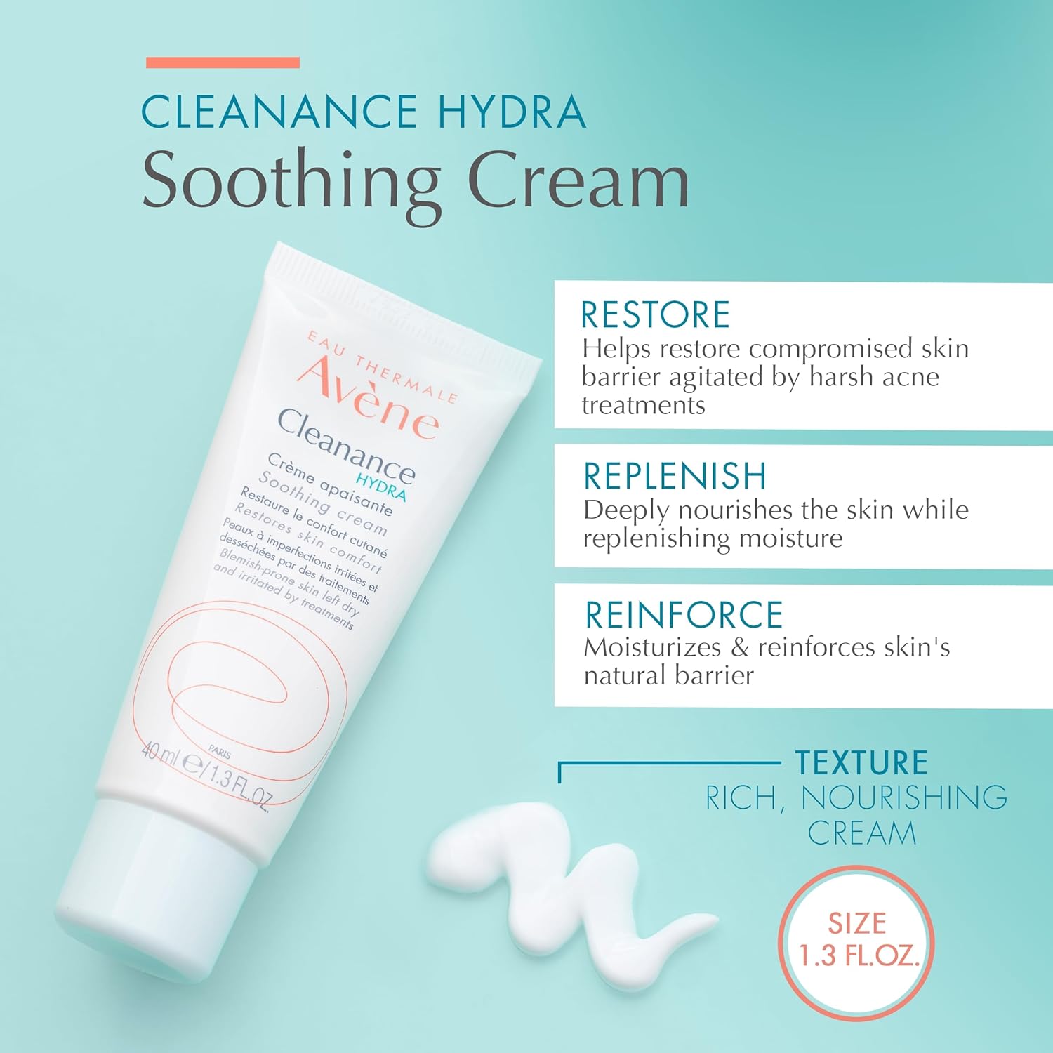 Avène Cleanance HYDRA Soothing Cream, Rich Moisturizer, Adjunctive Care for Drying Acne Treatments, 1.3 Oz