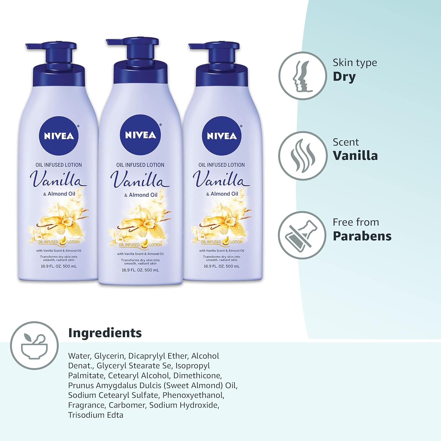 NIVEA Oil Infused Body Lotion, Vanilla and Almond Oil, Body Lotion for Dry Skin, 16.9 Fl Oz Pump Bottle