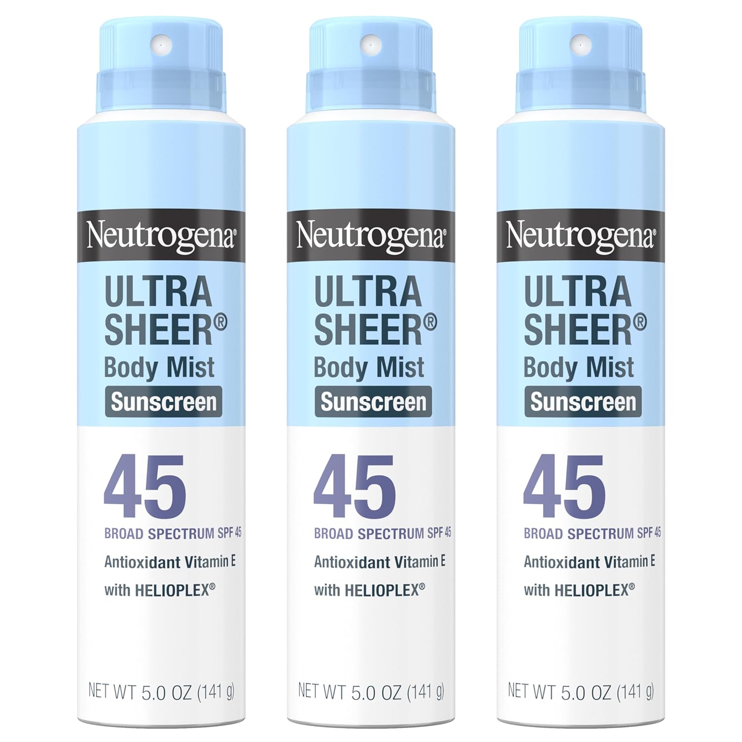 Neutrogena Ultra Sheer Body Mist Sunscreen Spray, Broad Spectrum SPF 45, Lightweight Spray Sunscreen, Non-Greasy & Water Resistant, Oil-Free & Non-Comedogenic UVA/UVB, 5 oz Pack of 3