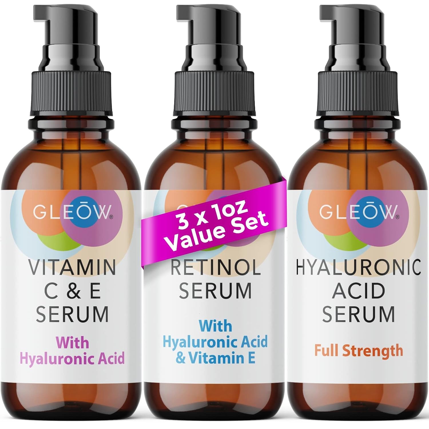 Retinol Serum for Face, Vitamin C with Hyaluronic Acid Face Serum for Women and Men, Glow Skin Care Set Targets Appearance of Uneven Skin Tone and Dryness 3x1oz