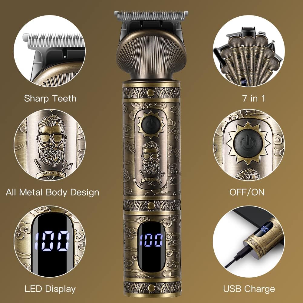 Beard Trimmer Kit Professional Hair Clipper Zero Gapped T-Blade Electric Shaver Razor Nose Body Trimmer for Men Cordless Grooming Kit 7 in 1