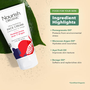Nourish Organic Face Cream, Pomegranate Acai + Argan – Ultra Hydrating Formula with Aloe Vera & Green Tea Extract, 1.7 Oz + Washable Cotton Round