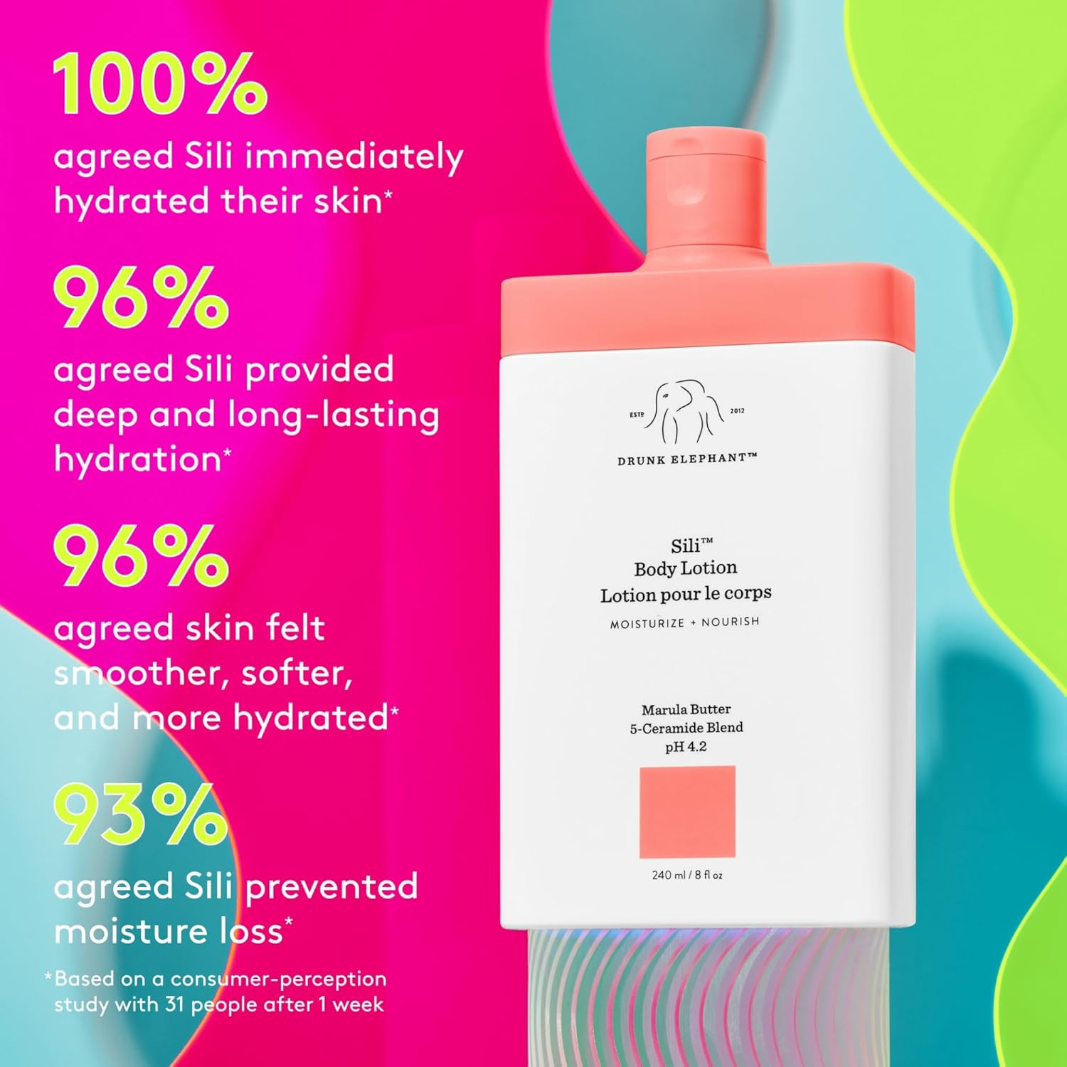 Drunk Elephant Sili Body Lotion - 240 ml/8 fl oz - Lightweight Daily Lotion - Clean Clinical Skincare - Cruelty-Free - Dermatologist Tested - Free of Essential Oils, Silicones, and Fragrance