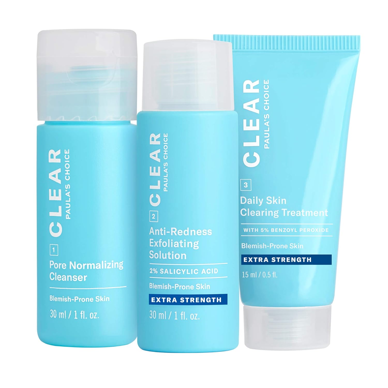 Paula's Choice CLEAR 3-Piece Acne Kit, Includes Daily Cleanser, 2% Salicylic Acid Exfoliant & Benzoyl Peroxide Treatment, Prevents & Treats Mild to Severe Acne & Breakouts, Fragrance-Free, Set of 3