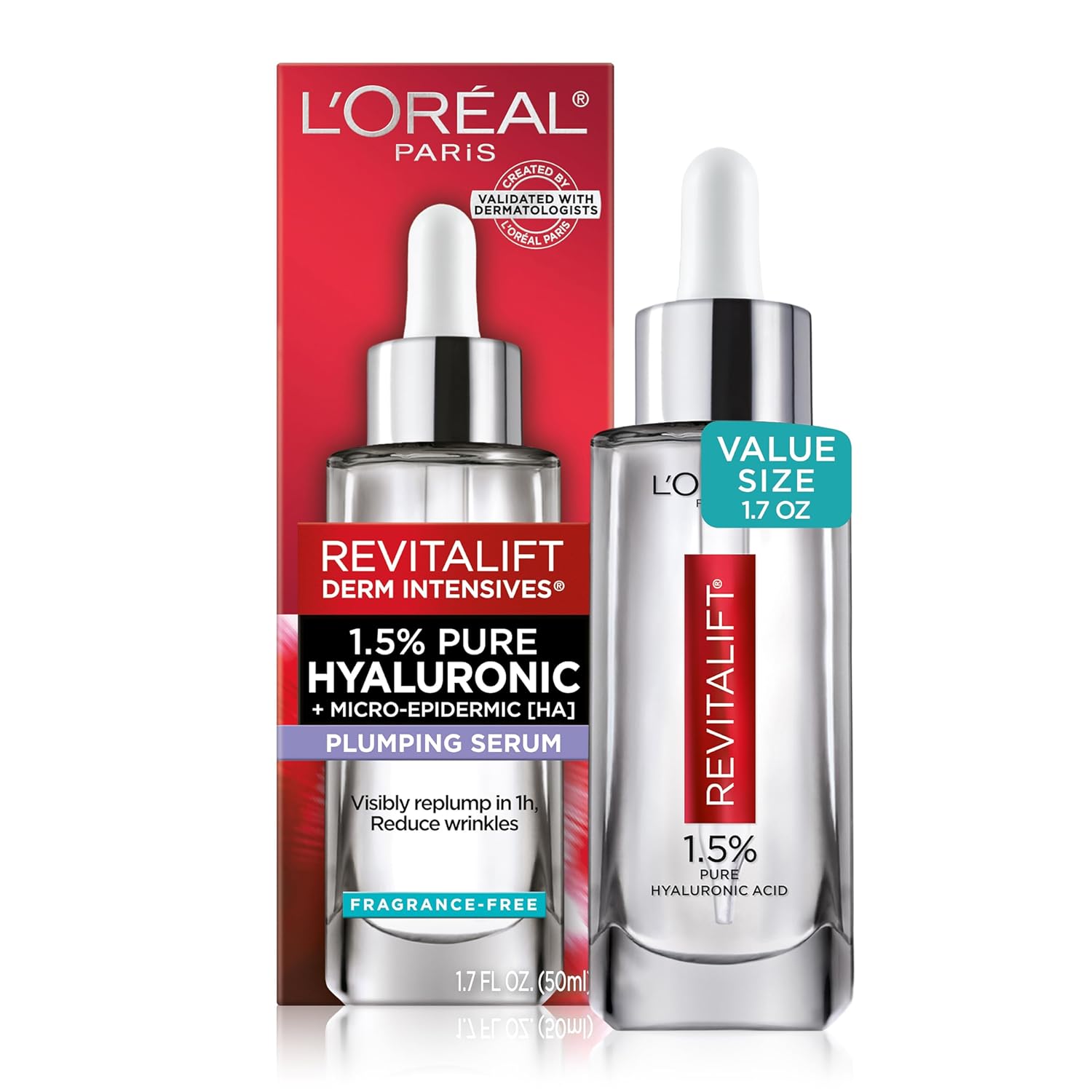 L'Oreal Paris Revitalift 1.5% Pure Hyaluronic Acid Face Serum, Hydrate & Reduce Wrinkles, Fragrance Free 1 oz