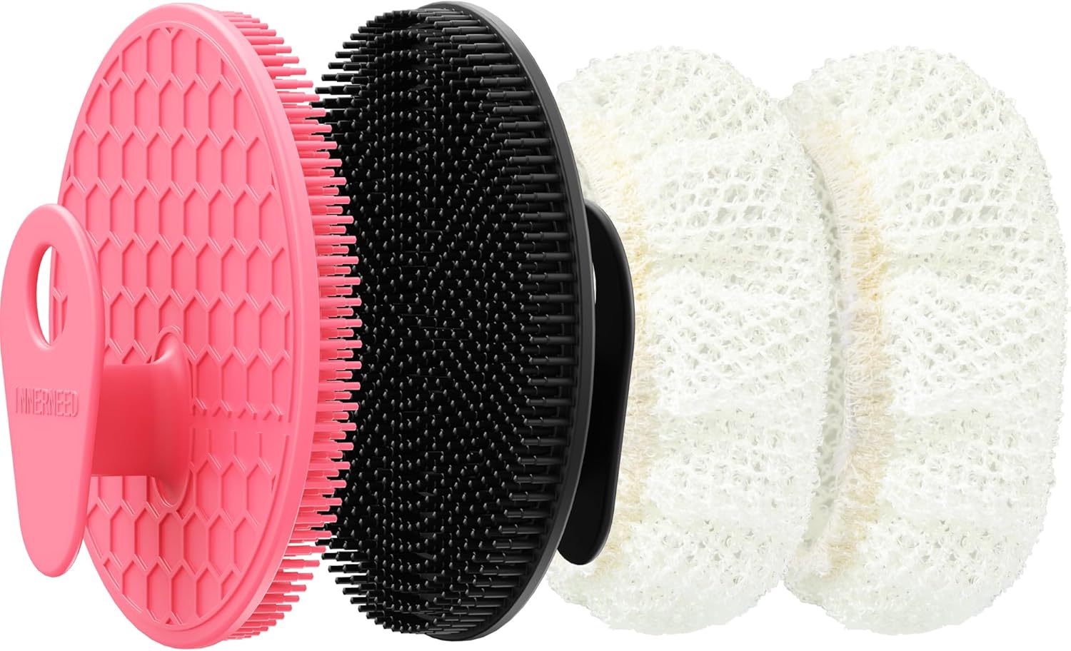 INNERNEED Food-Grade Soft Silicone Body Scrubber Shower Brush Handheld Cleansing Skin Brush, with Exfoliating Net Sponge Case (Black Brush)