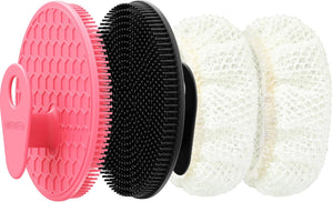 INNERNEED Food-Grade Soft Silicone Body Scrubber Shower Brush Handheld Cleansing Skin Brush, with Exfoliating Net Sponge Case (Black Brush)