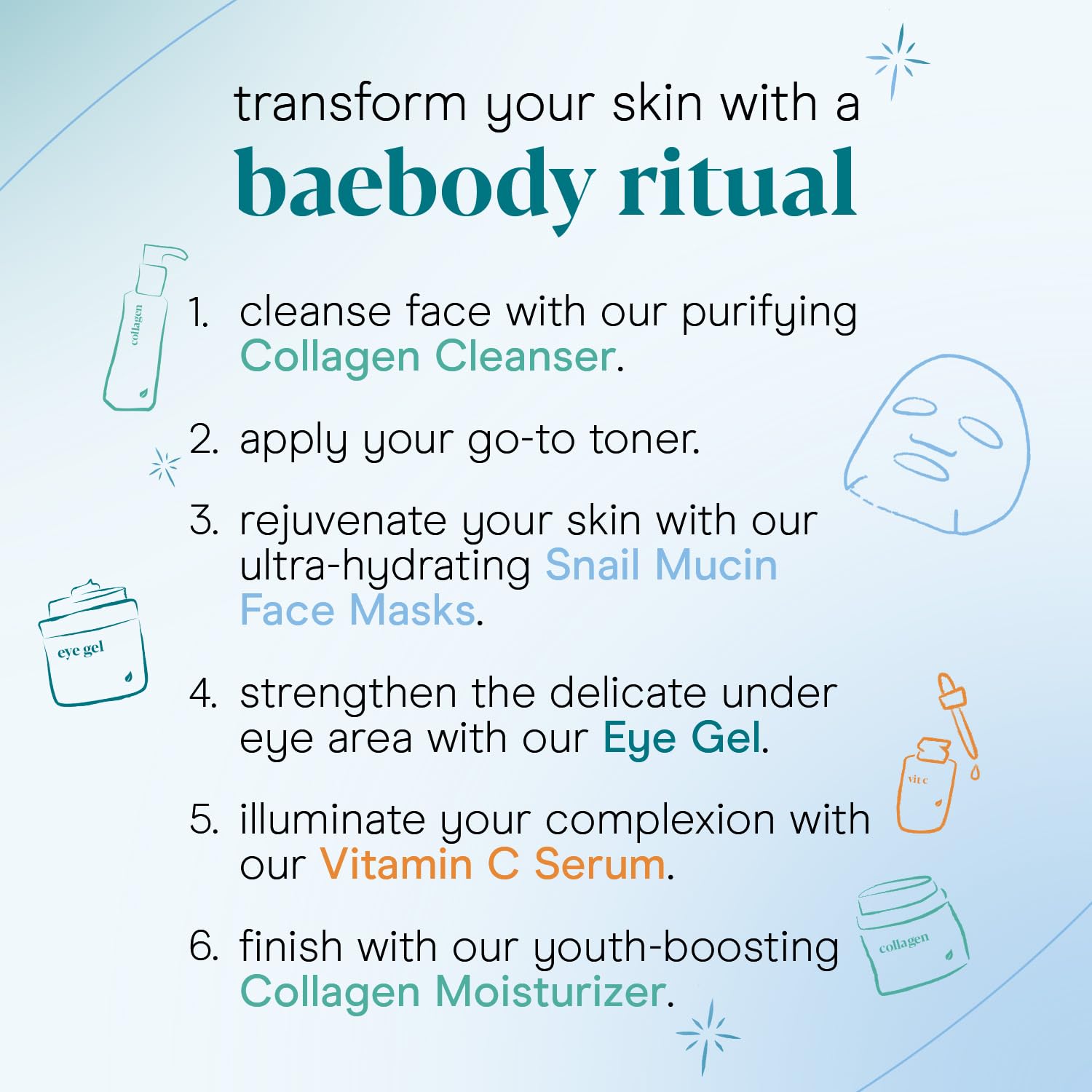 Baebody Snail Mucin Face Sheet Mask (6 pcs) - Anti Aging and Moisturizing Face Mask with Hyaluronic Acid - Deep Hydration for Youthful Skin
