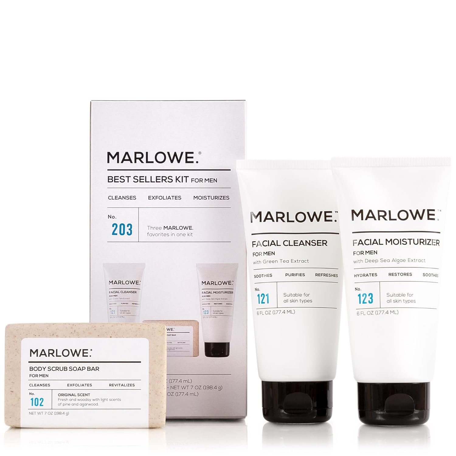 MARLOWE. Mens Skin Care Set, No. 204 Daily Essential Face Kit, No. 121 Facial Cleanser, No. 123 Facial Moisturizer, No. 127 Eye Cream, No. 128 Daily Face Lotion with SPF 50, Great Gift for Men