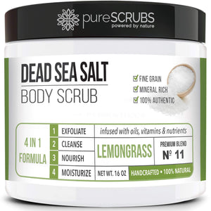 pureSCRUBS Premium Coconut Body Scrub Set - Large 16oz Dead Sea Salt Body Scrub With Infused Essential Oils & Nutrients, Includes Wooden Spoon, Loofah & Oatmeal Exfoliating Bar Soap