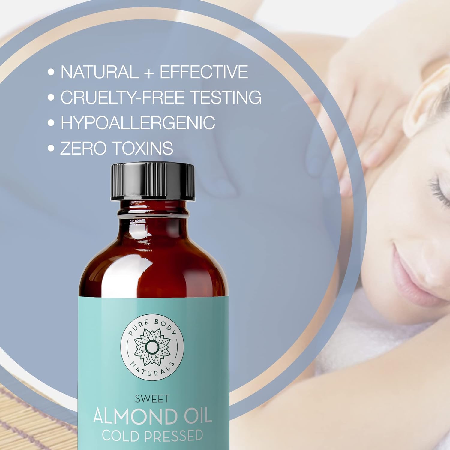Pure Body Naturals Sweet Almond Oil – 100% Pure & Cold Pressed, for Hair, Skin, Nails & Massage (4 fl oz)