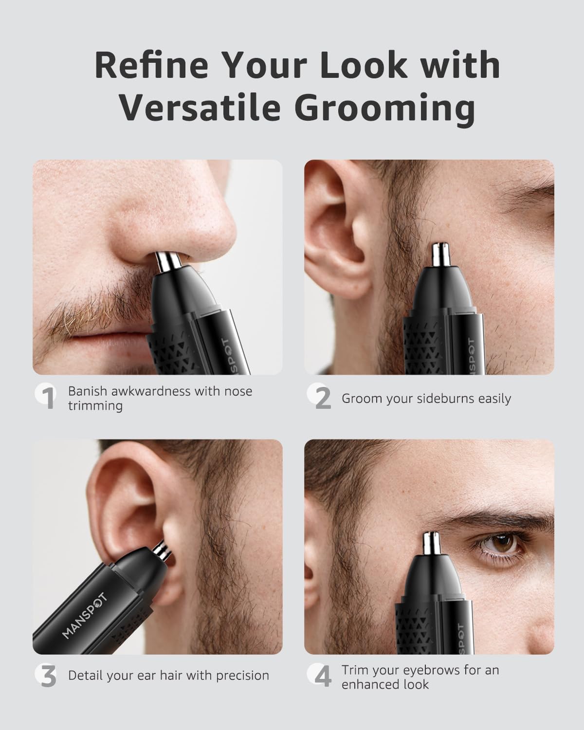 MANSPOT Nose & Ear Hair Trimmer for Men, 10000-RPM Electric Nose Trimmer for Men with Vacuum Cleaning System, IPX7 Waterproof, USB-C Charge, 90min Runtime,Magnetic Detachable Blade Head,Easy to Clean