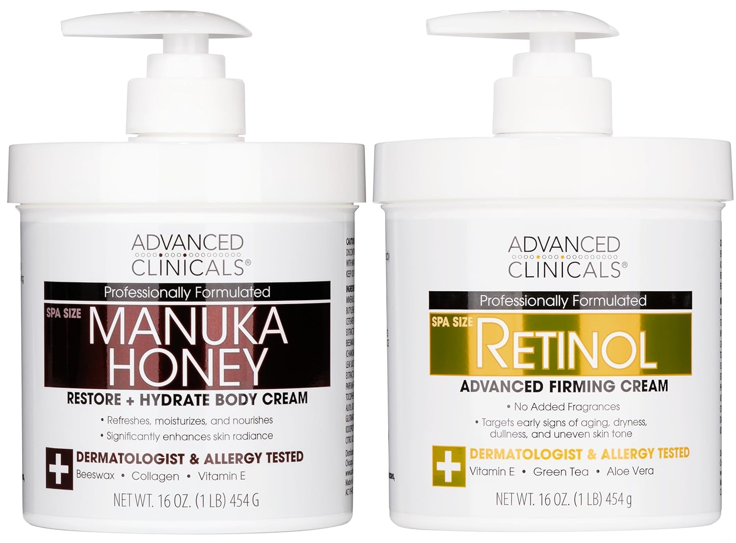 Advanced Clinicals Retinol Body Lotion + Collagen Cream Fragrance Free Face Moisturizer & Body Cream 2pc Skincare Set For Women & Men Helps Reduce Appearance Of Crepey Skin, Wrinkles, & Dry Skin, 2pc