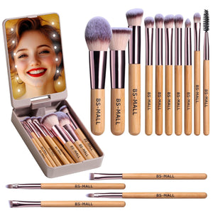 BS-MALL Makeup Brushes Foundation Powder Concealers Eye Shadows Makeup Set with LED light Mirror 14 Pcs Mini Makeup Brushes (APINK)