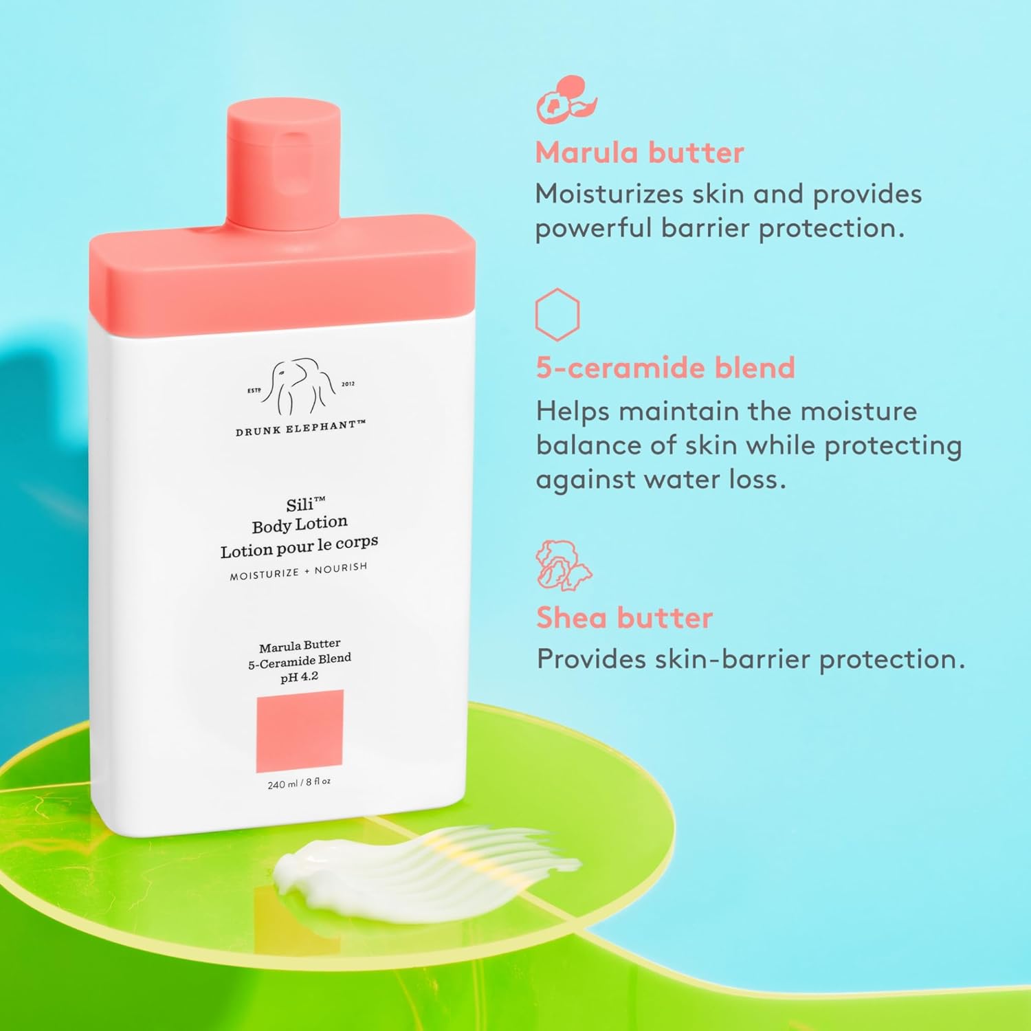 Drunk Elephant Sili Body Lotion - 240 ml/8 fl oz - Lightweight Daily Lotion - Clean Clinical Skincare - Cruelty-Free - Dermatologist Tested - Free of Essential Oils, Silicones, and Fragrance