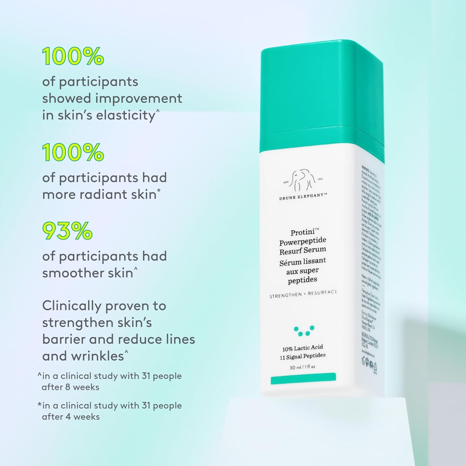 Drunk Elephant Protini Powerpeptide Resurf Serum - 30 ml/1 fl oz - Exfoliating Lactic Acid AHA Serum - Clean Clinical Skincare - Cruelty-Free - Free of Essential Oils, Silicones, and Fragrance