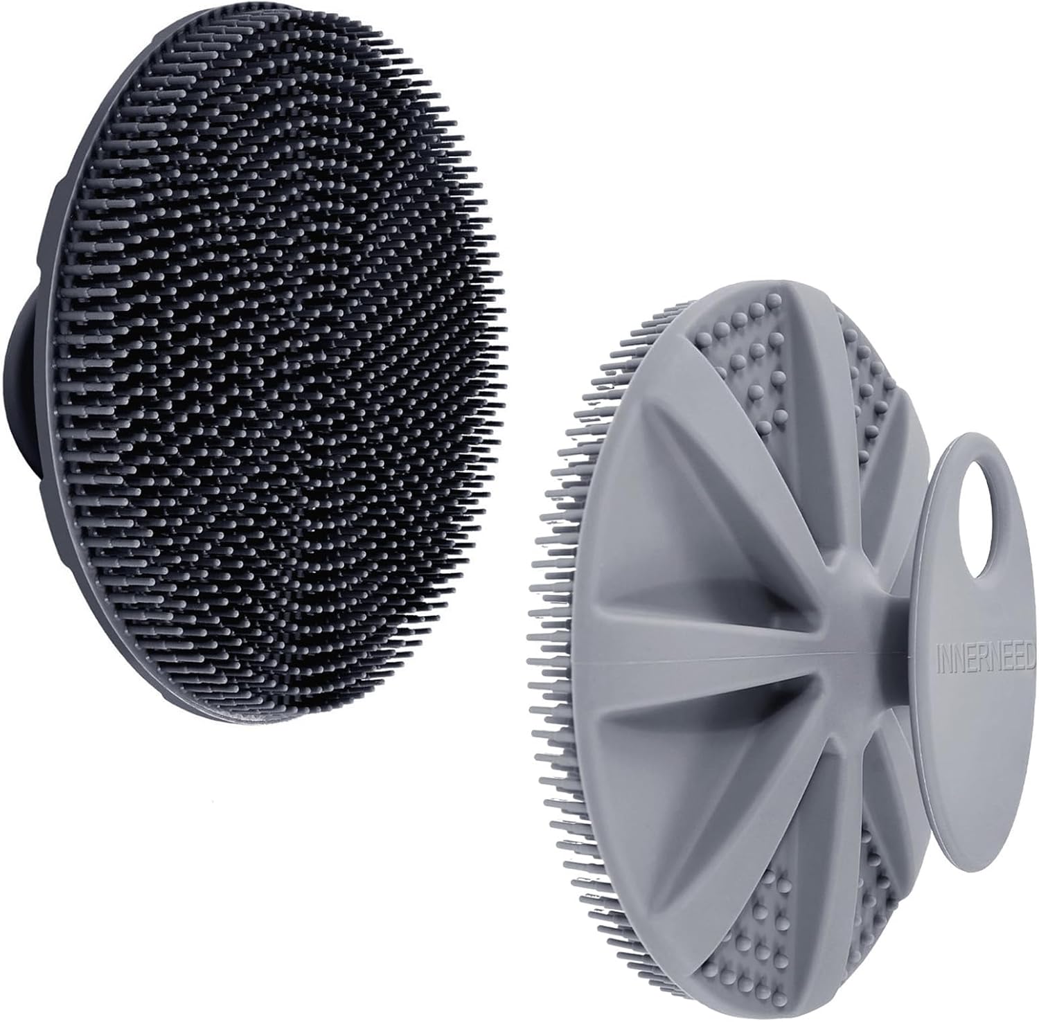 INNERNEED Food-Grade Soft Silicone Body Scrubber Shower Brush Handheld Cleansing Skin Brush, with Exfoliating Net Sponge Case (Black Brush)