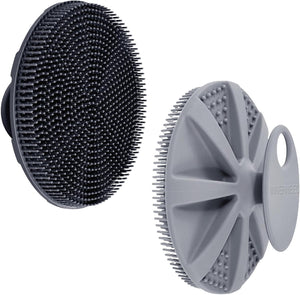 INNERNEED Food-Grade Soft Silicone Body Scrubber Shower Brush Handheld Cleansing Skin Brush, with Exfoliating Net Sponge Case (Black Brush)
