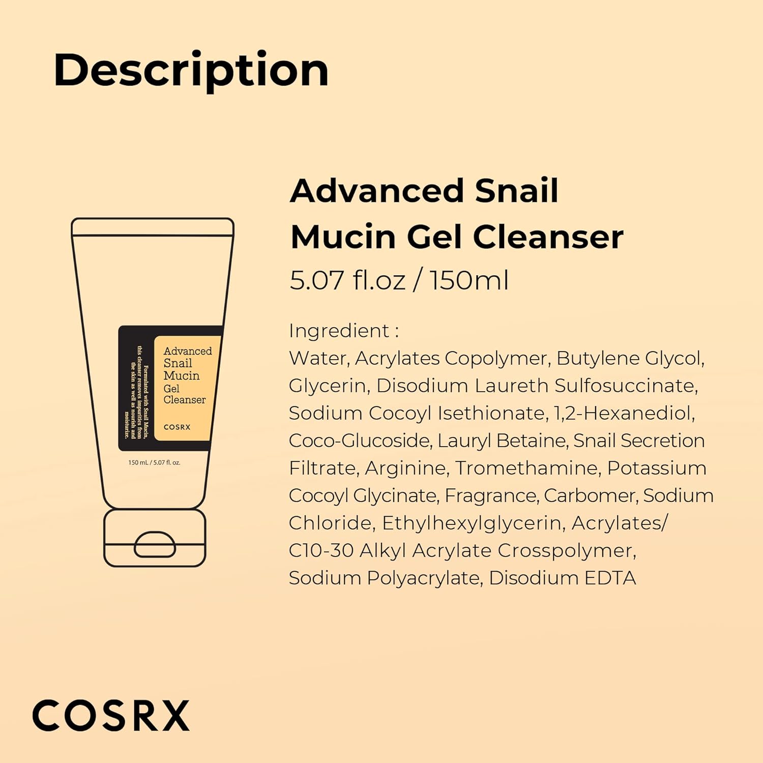 COSRX Advanced Snail Mucin Gel Cleanser, 5.07 Fl Oz / 150 mL, Rich Daily Deep Cleansing Gel for Dry & Sensitive Skin, Korean Skin Care, Not Tested on Animals, No Parabens