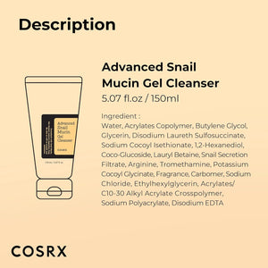 COSRX Advanced Snail Mucin Gel Cleanser, 5.07 Fl Oz / 150 mL, Rich Daily Deep Cleansing Gel for Dry & Sensitive Skin, Korean Skin Care, Not Tested on Animals, No Parabens