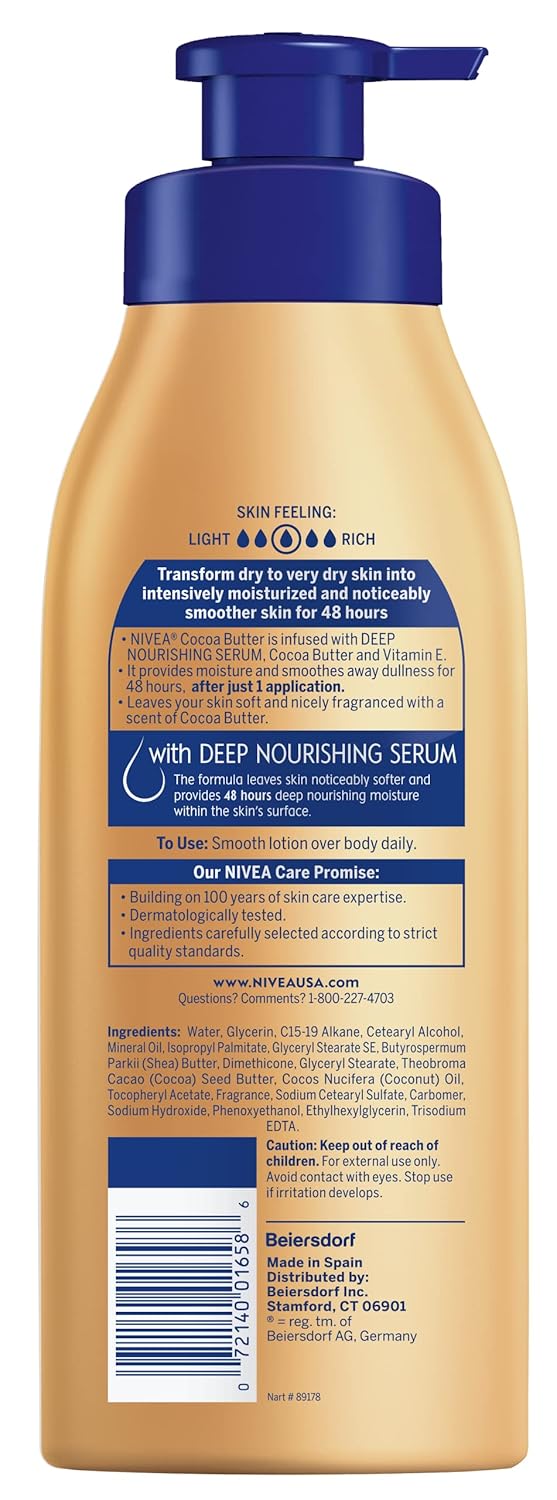 NIVEA Cocoa Butter Body Lotion with Deep Nourishing Serum, Cocoa Butter and Vitamin E, 48-Hour Moisturizing Body Lotion for Dry Skin, Nourishes Dry Skin for Visible Radiance, 16.9 Fl Oz Pump Bottle