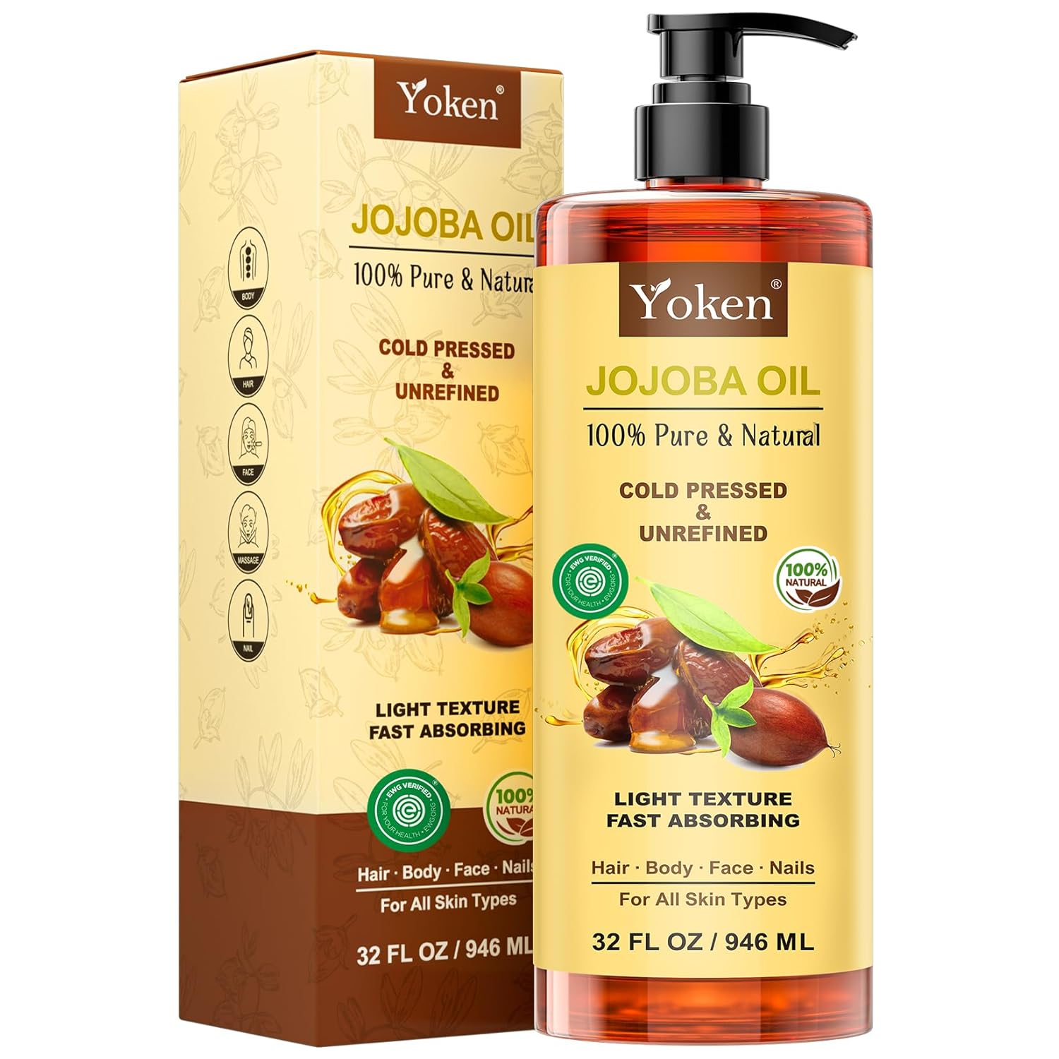 Pure Jojoba Oil EWG Verified 16 fl oz, 100% Natural Jojoba Oil for Hair, Skin & Face, Cold Pressed Unrefined, Deeply Moisturizing Body oil Carrier Oils for Essential Oils Mixing