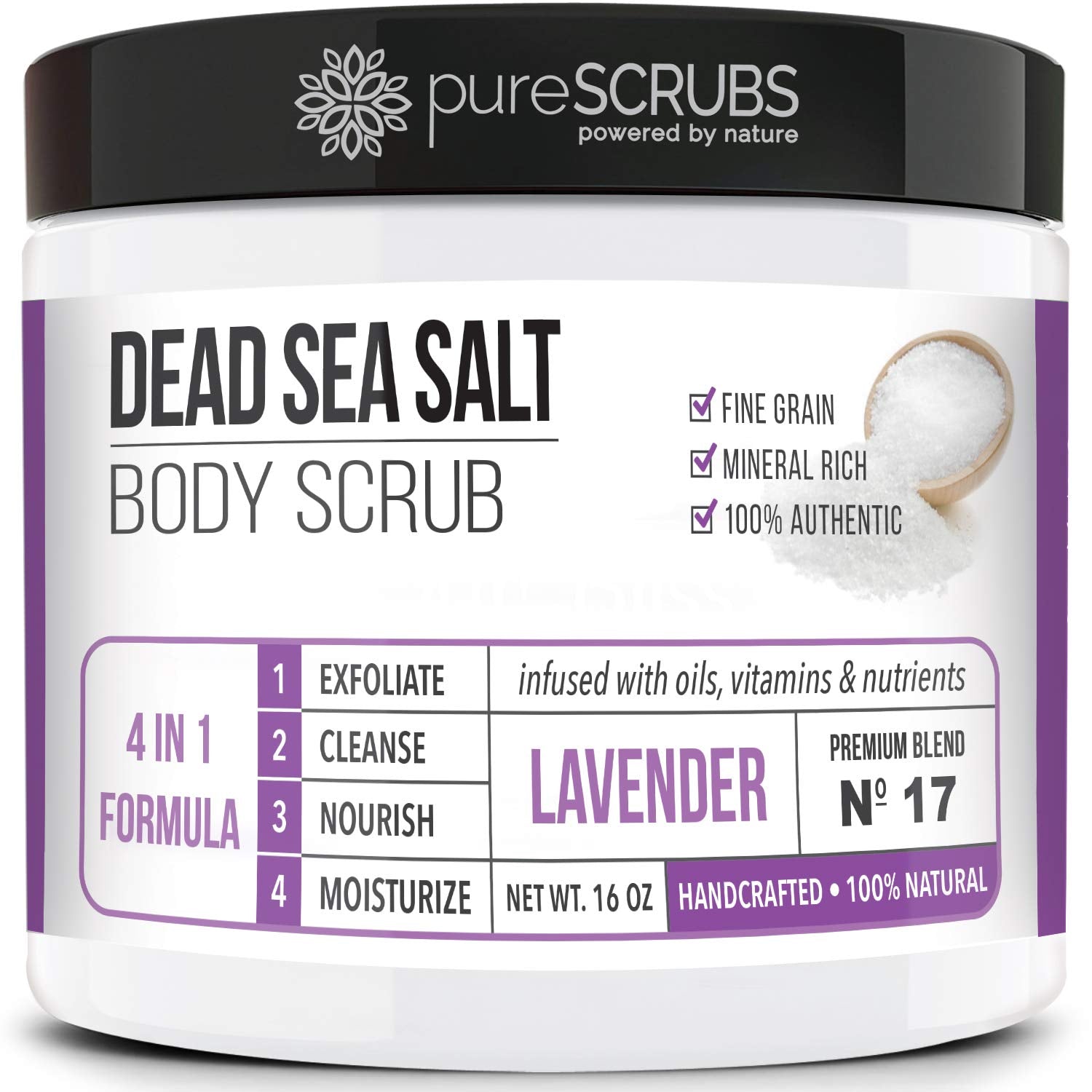 pureSCRUBS Premium Coconut Body Scrub Set - Large 16oz Dead Sea Salt Body Scrub With Infused Essential Oils & Nutrients, Includes Wooden Spoon, Loofah & Oatmeal Exfoliating Bar Soap