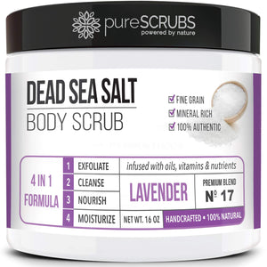 pureSCRUBS Premium Coconut Body Scrub Set - Large 16oz Dead Sea Salt Body Scrub With Infused Essential Oils & Nutrients, Includes Wooden Spoon, Loofah & Oatmeal Exfoliating Bar Soap