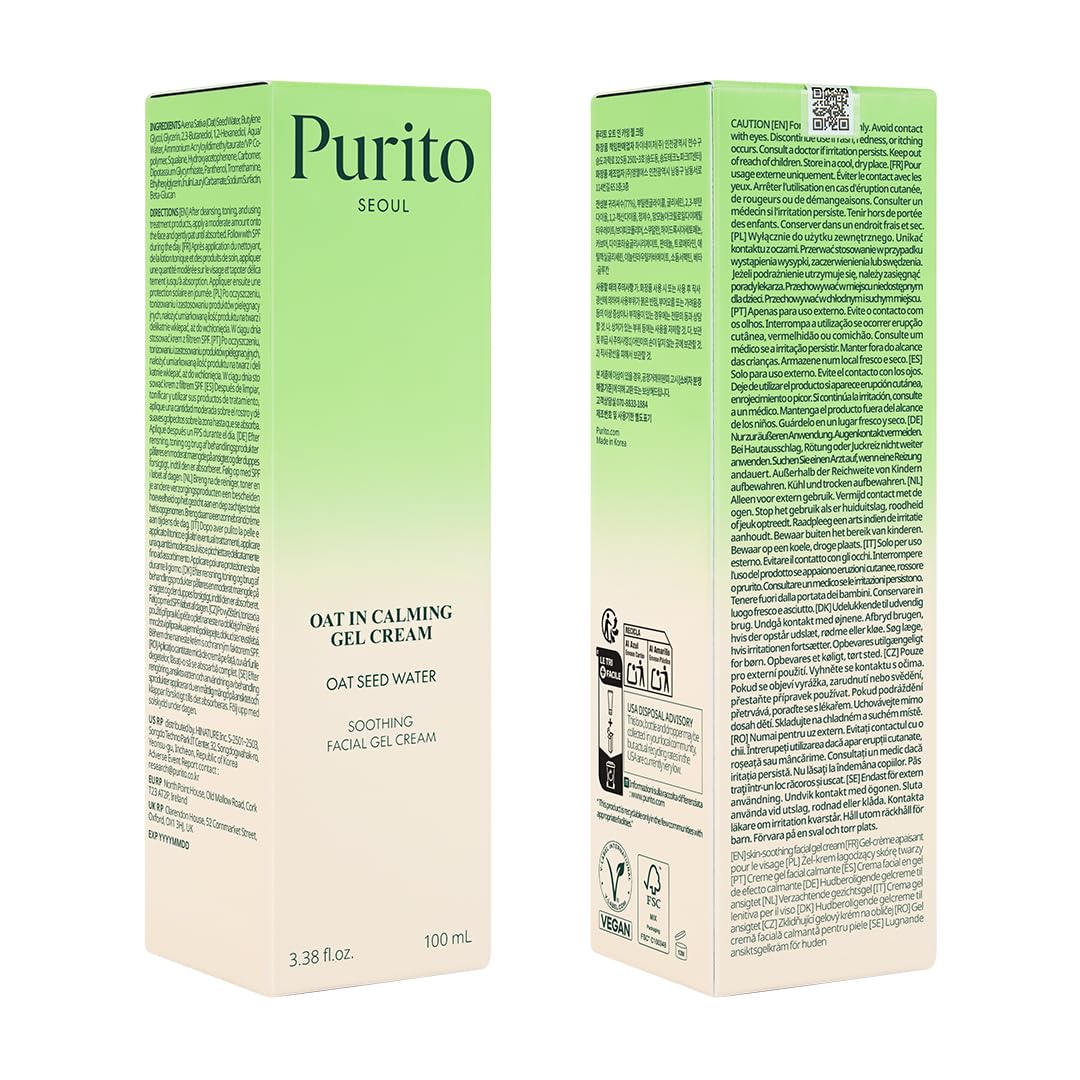PURITO Oat In Calming Gel Cream, Oat Seed Water for Hydration & Soothing, Lightweight, Non-Sticky Moisturizer for Sensitive Skin, Non-Comedogenic, Fragrance-Free, Korean Skincare, 50 ml 1.69 fl.oz