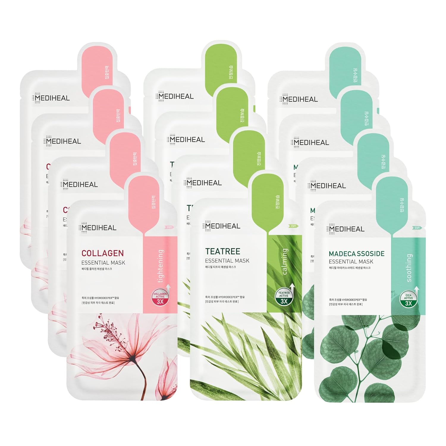 Mediheal Sheet Mask New Essential HERO 16 pack (Collagen, Tea Tree, Madecassoside, Vita) | Korean Skincare Facial Sheet Mask Combo Kbeauty Korean Glass Skin