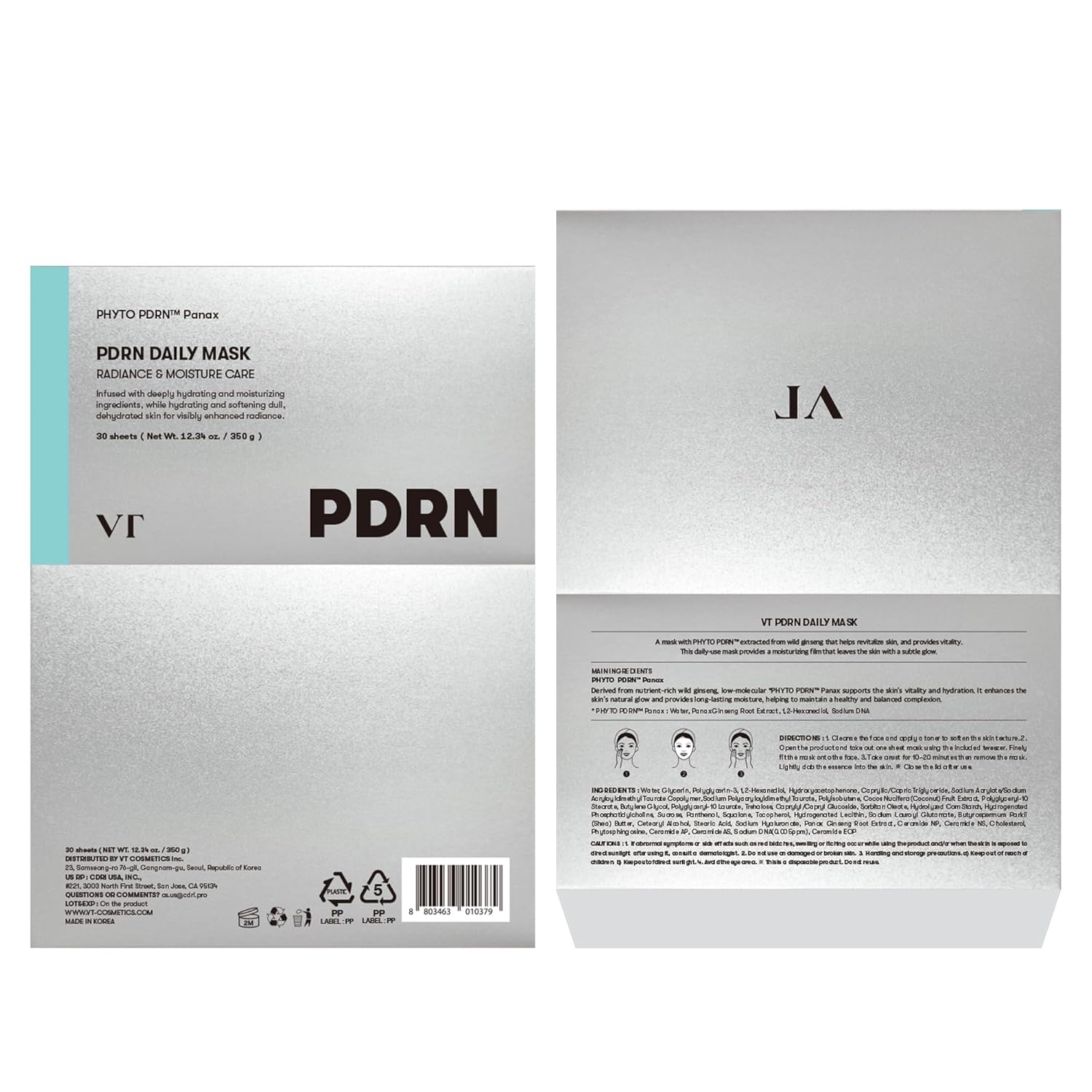 VT COSMETICS PDRN Daily Mask 30 Sheets, Vegan PDRN for Skin Restoration & Radiance, Hydrating & Moisturizing, Anti-Aging, Korean Face Mask
