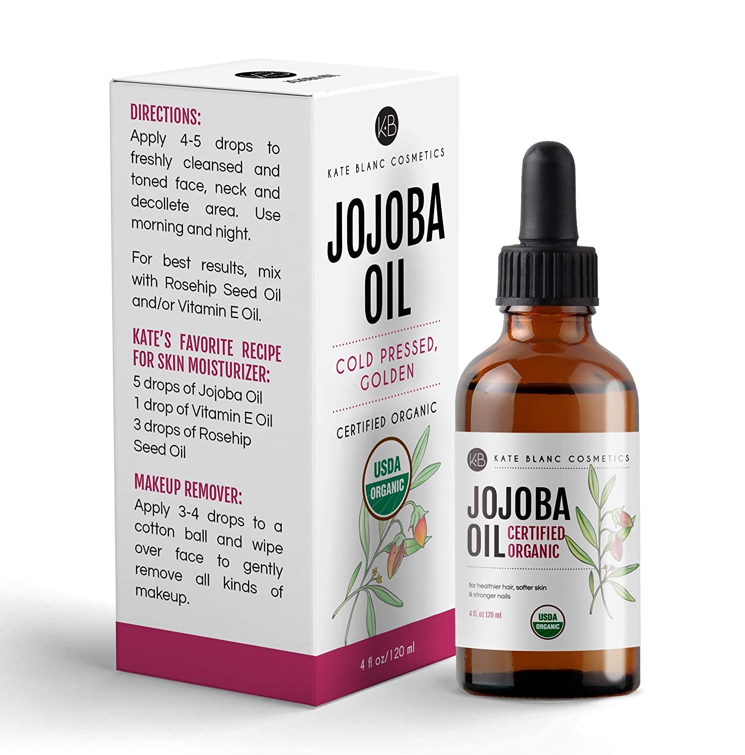 Kate Blanc Cosmetics Jojoba Oil for Hair, Face & Skin. Gua Sha Oil for Face Massage & Dermaplaning (2oz, Organic, 100% Pure, Natural)