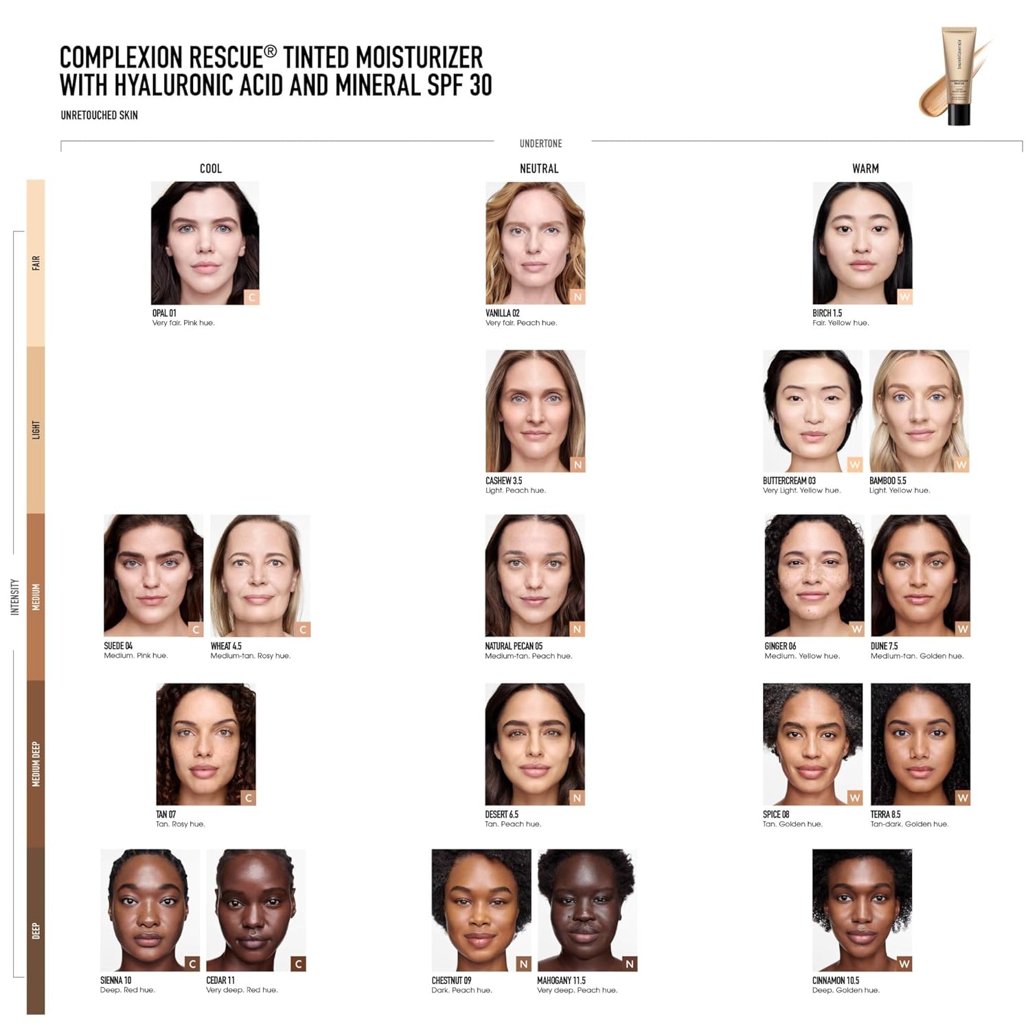 bareMinerals Complexion Rescue Tinted Moisturizer for Face with SPF 30, Vegan Tinted Mineral Sunscreen with Hyaluronic Acid, Full Size, Cashew 3.5