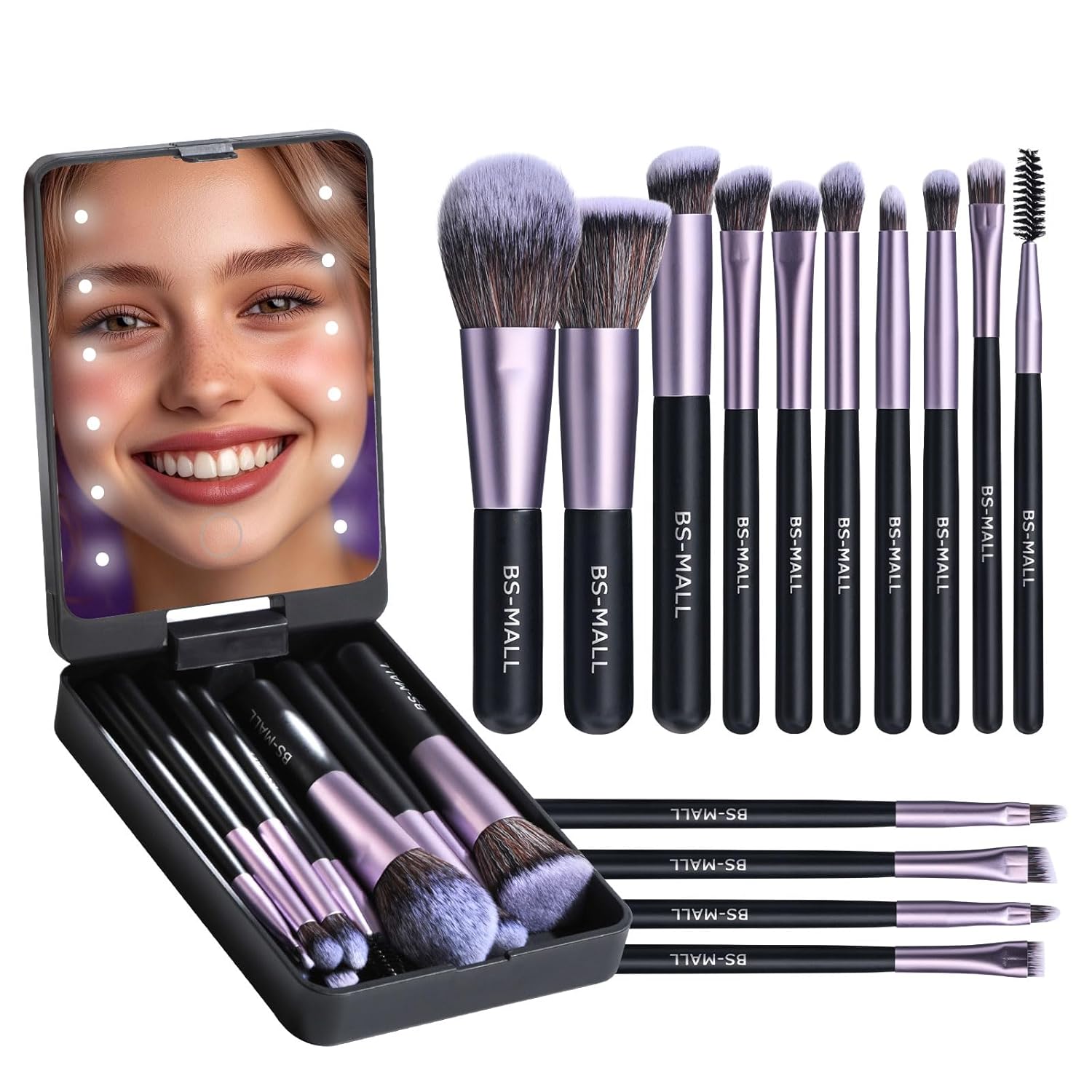 BS-MALL Makeup Brushes Foundation Powder Concealers Eye Shadows Makeup Set with LED light Mirror 14 Pcs Mini Makeup Brushes (APINK)