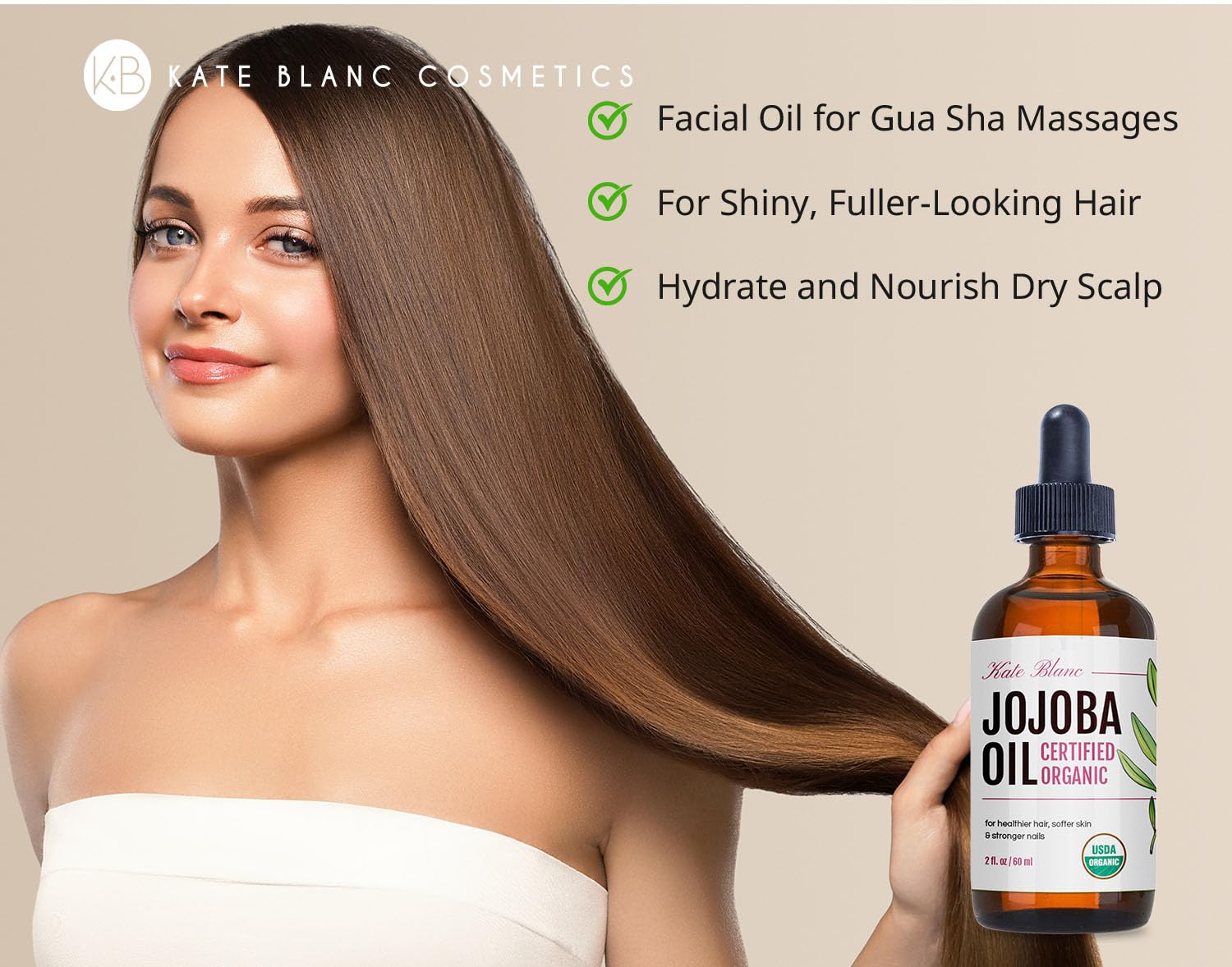 Kate Blanc Cosmetics Jojoba Oil for Hair, Face & Skin. Gua Sha Oil for Face Massage & Dermaplaning (2oz, Organic, 100% Pure, Natural)
