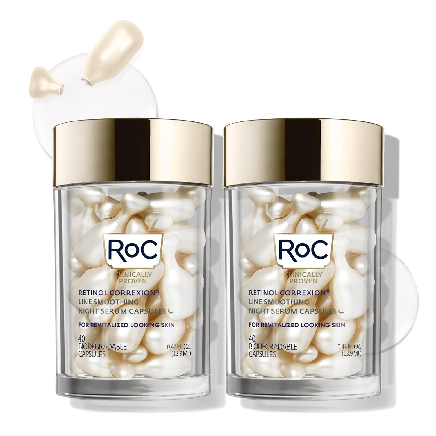 RoC Retinol Correxion Anti-Aging Wrinkle Night Serum, Daily Line Smoothing Skin Care Treatment for Fine Lines, Post-Acne Scars, 30 Individual Capsules, Unscented, 0.35 Fl Oz