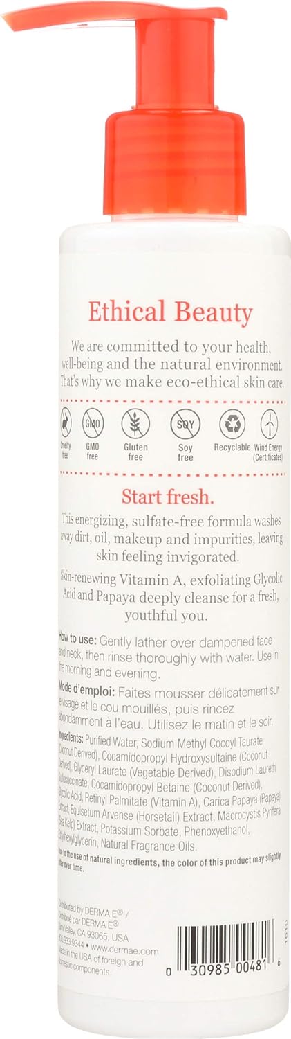 Derma E Anti-Wrinkle Cleanser – Anti-Aging Face Wash with Glycolic Acid and Vitamin A – Gentle Cleansing and Exfoliating Facial Wash Removes Makeup, Oil and Impurities, 6 oz