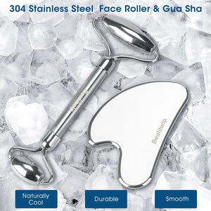 Face Roller & Gua Sha, Stainless Steel Facial Roller and Gua Sha Tool for Face, Skin Care, Anti-Aging, and Lifting