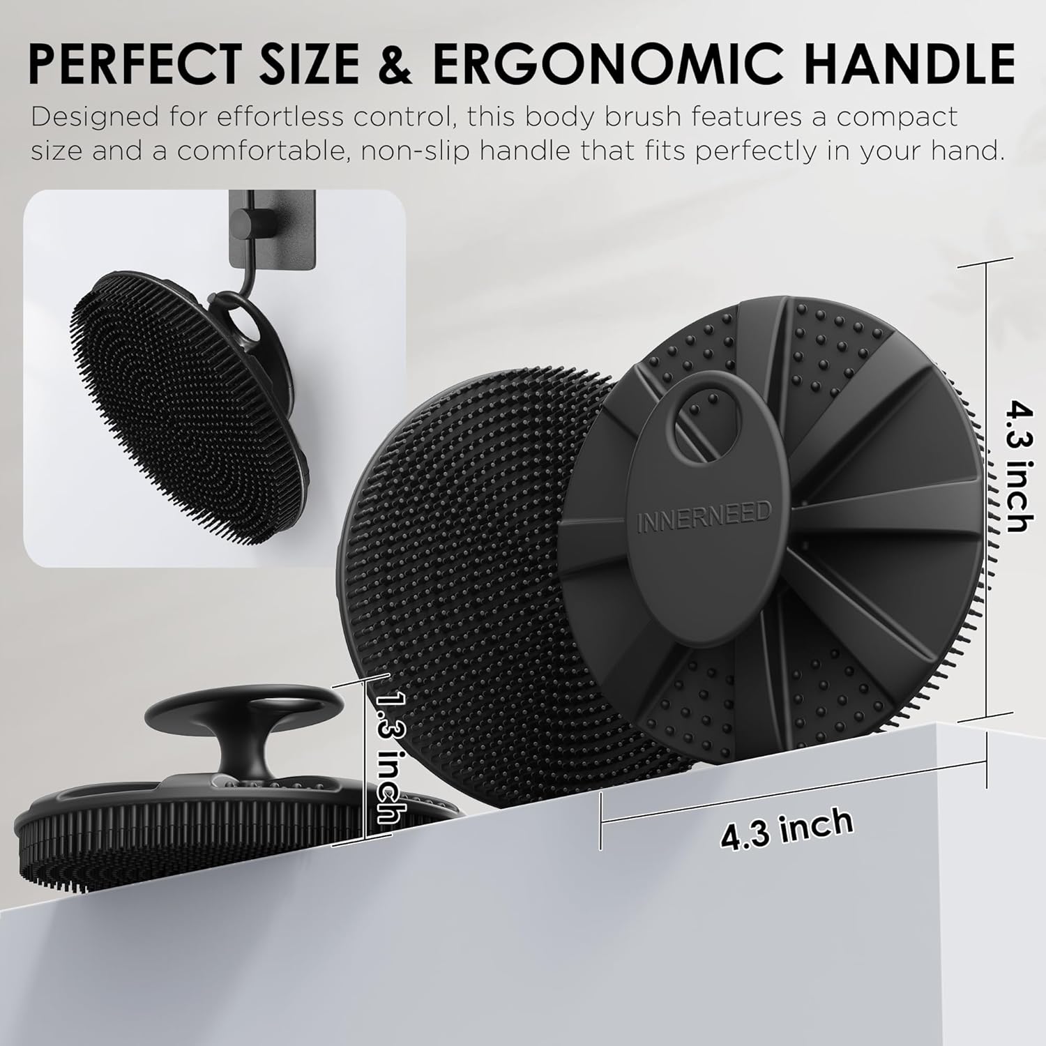 INNERNEED Food-Grade Soft Silicone Body Scrubber Shower Brush Handheld Cleansing Skin Brush, with Exfoliating Net Sponge Case (Black Brush)