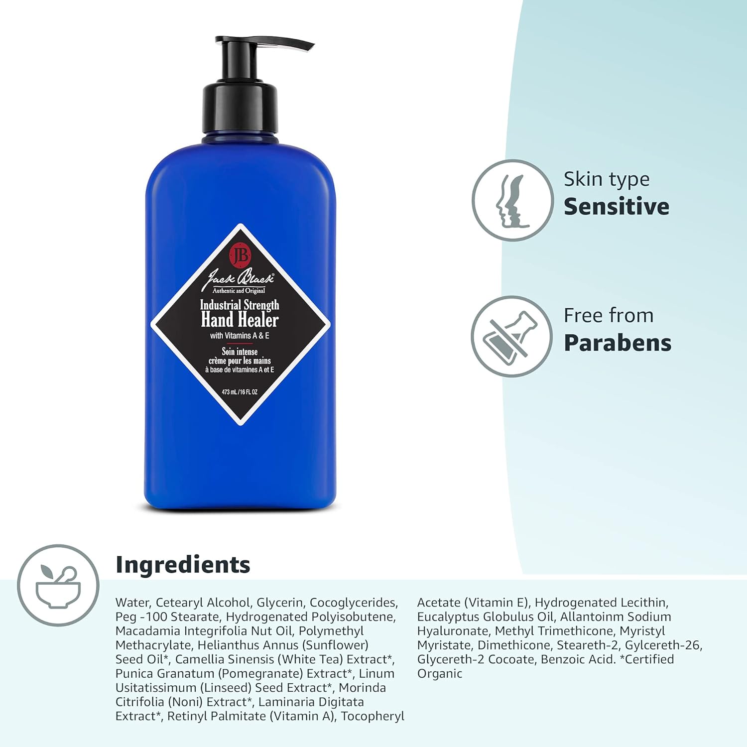 Jack Black Industrial Strength Hand Healer for Men & Women – Hand Cream for Dry Hands, Vitamins A & E, Lightweight Moisturizer