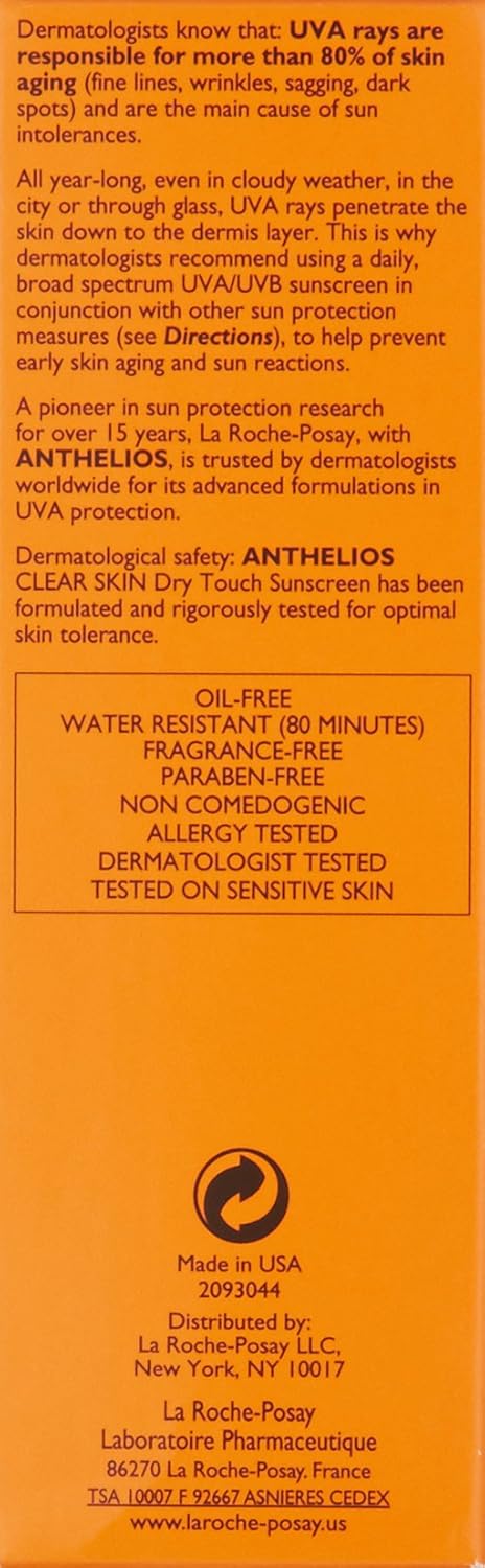 La Roche-Posay Anthelios Clear Skin Dry Touch Sunscreen SPF 60 | Oil Free Sunscreen For Face | Oil Absorbing | Broad Spectrum SPF + Antioxidants | Non-Greasy | Oxybenzone Free | Travel Size