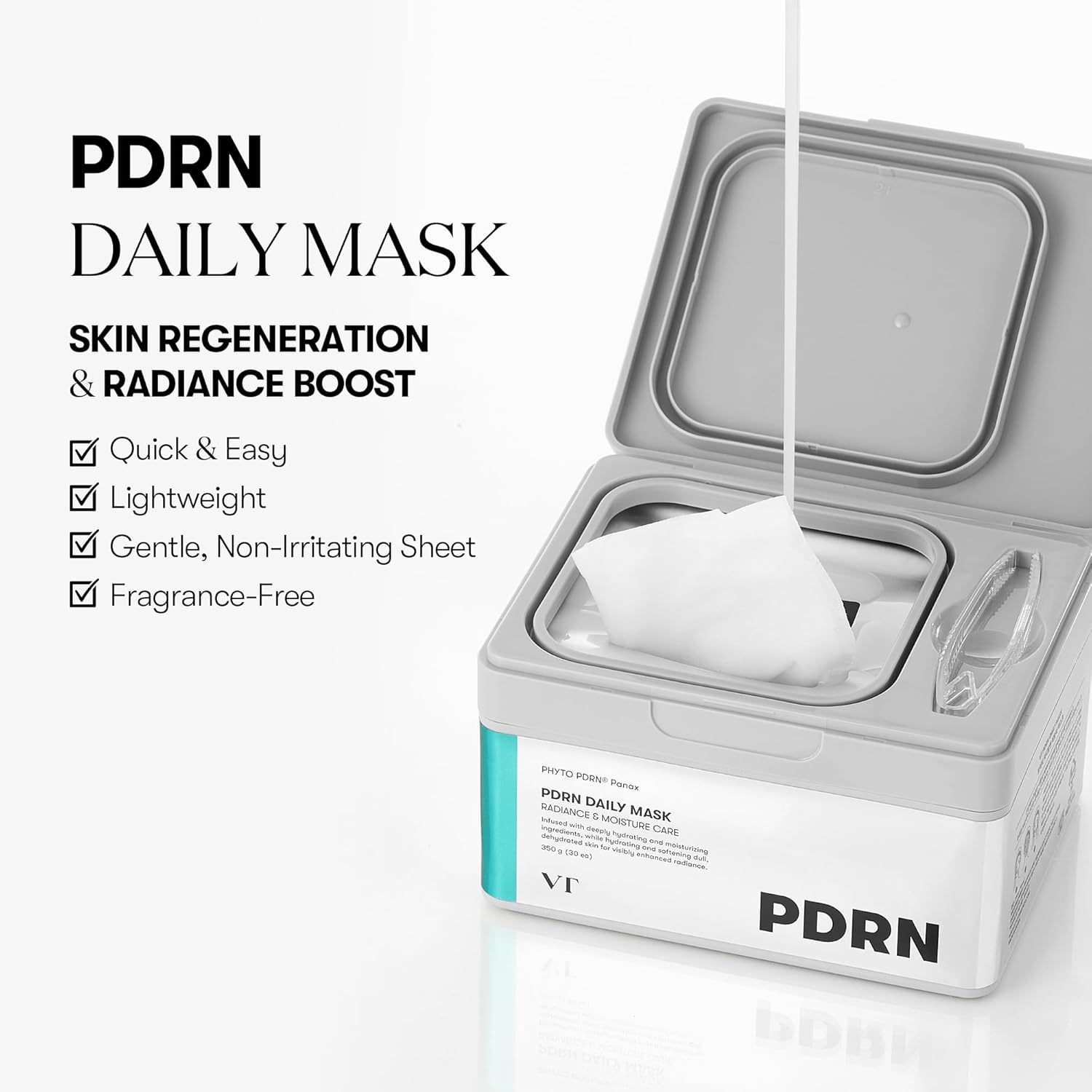 VT COSMETICS PDRN Daily Mask 30 Sheets, Vegan PDRN for Skin Restoration & Radiance, Hydrating & Moisturizing, Anti-Aging, Korean Face Mask