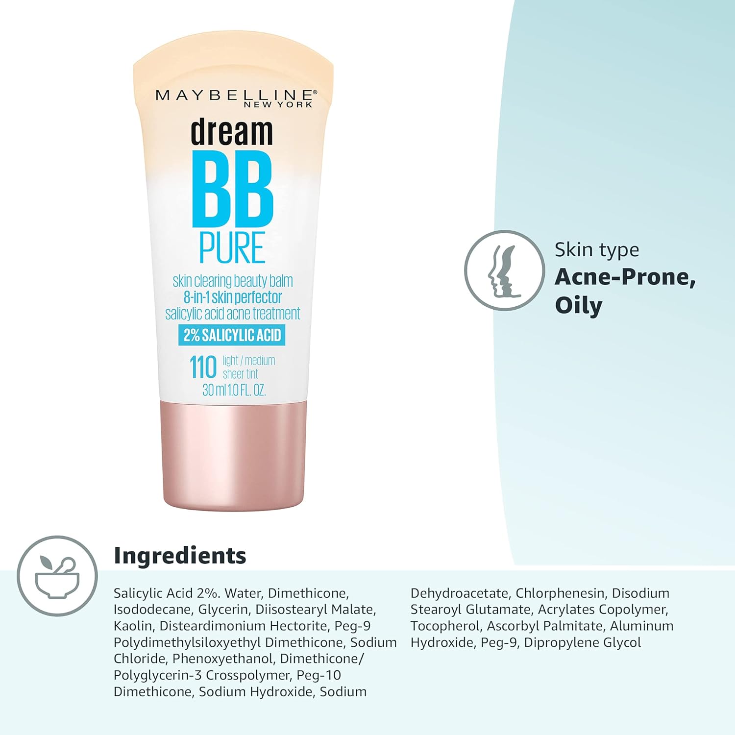 Maybelline Dream Pure Skin Clearing BB Cream, 8-in-1 Skin Perfecting Beauty Balm With 2% Salicylic Acid, Sheer Tint Coverage, Oil-Free, Light/Medium, 1 Count
