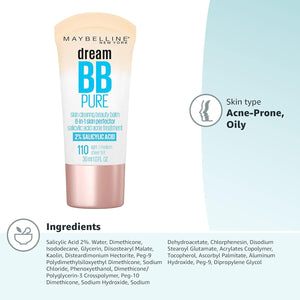 Maybelline Dream Pure Skin Clearing BB Cream, 8-in-1 Skin Perfecting Beauty Balm With 2% Salicylic Acid, Sheer Tint Coverage, Oil-Free, Light/Medium, 1 Count